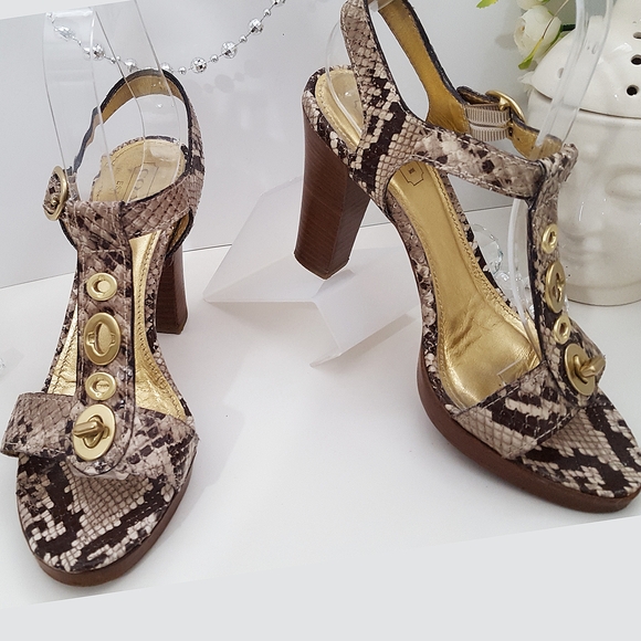 Coach💋Lalo Python T-Strap Open Toe Block Heel Sandals with Gold Accents - Picture 3 of 12